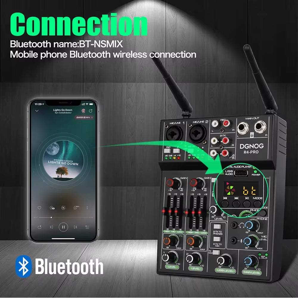 4 Channel Audio Mixer with Wireless Microphone USB Sound Table Bluetooth Console DJ Mixing for Party Karaoke Machine Soundbar